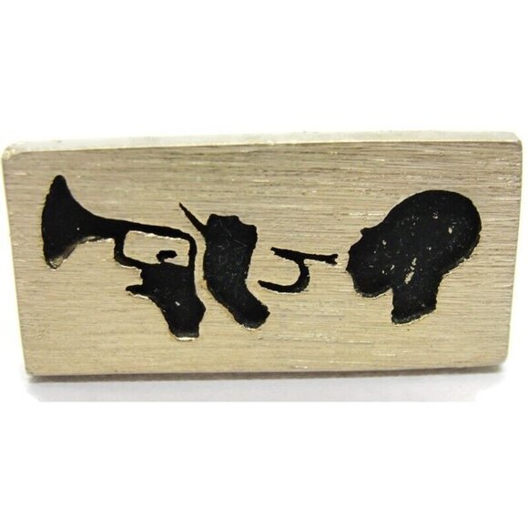 Trumpet Player Rectangle Gold Tone & Black Cufflinks Tux Shirt Suit Vintage - Picture 10 of 10